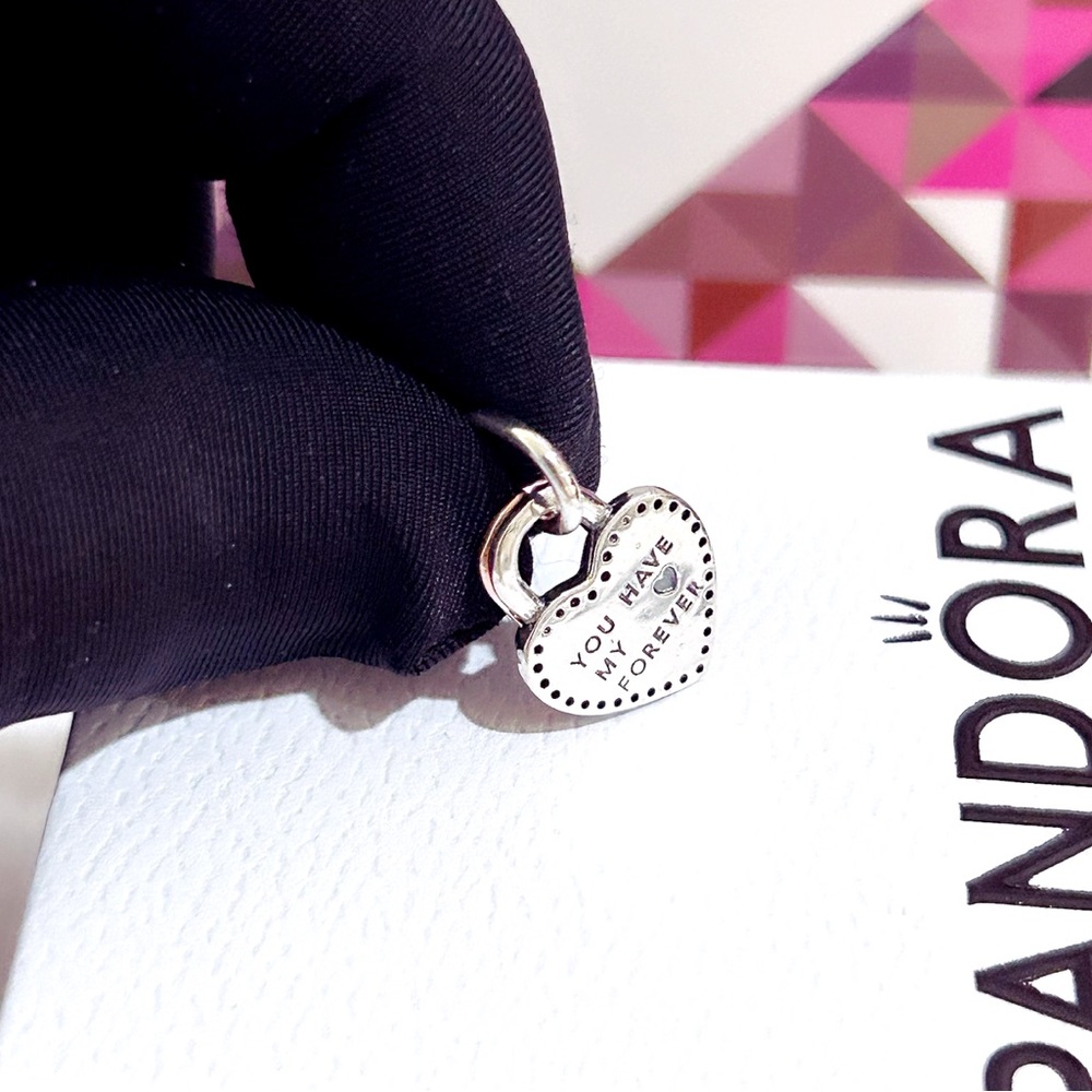PANDORA Two-tone Twistable Heart Padlock Double Dangle Charm w/box - Picture 6 of 11